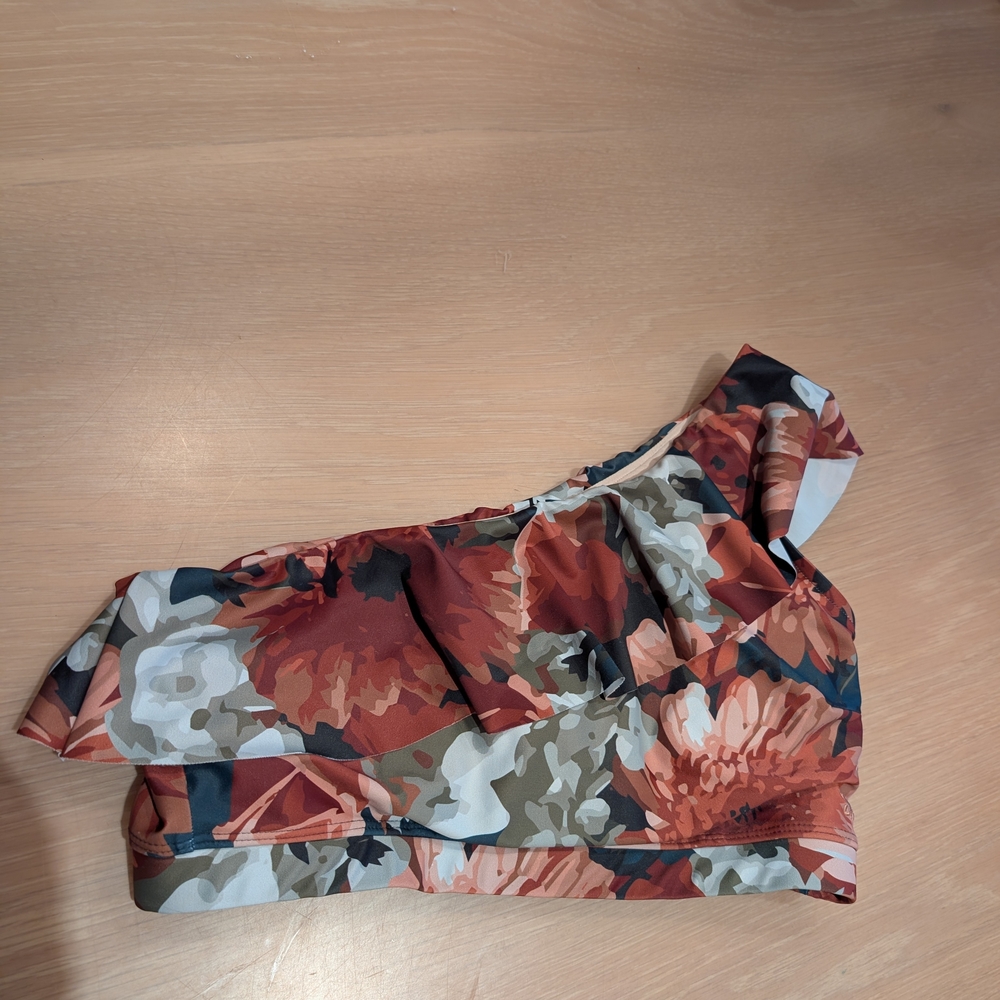 One-Shoulder Floral Ruffle Bikini Top - Rust Multi